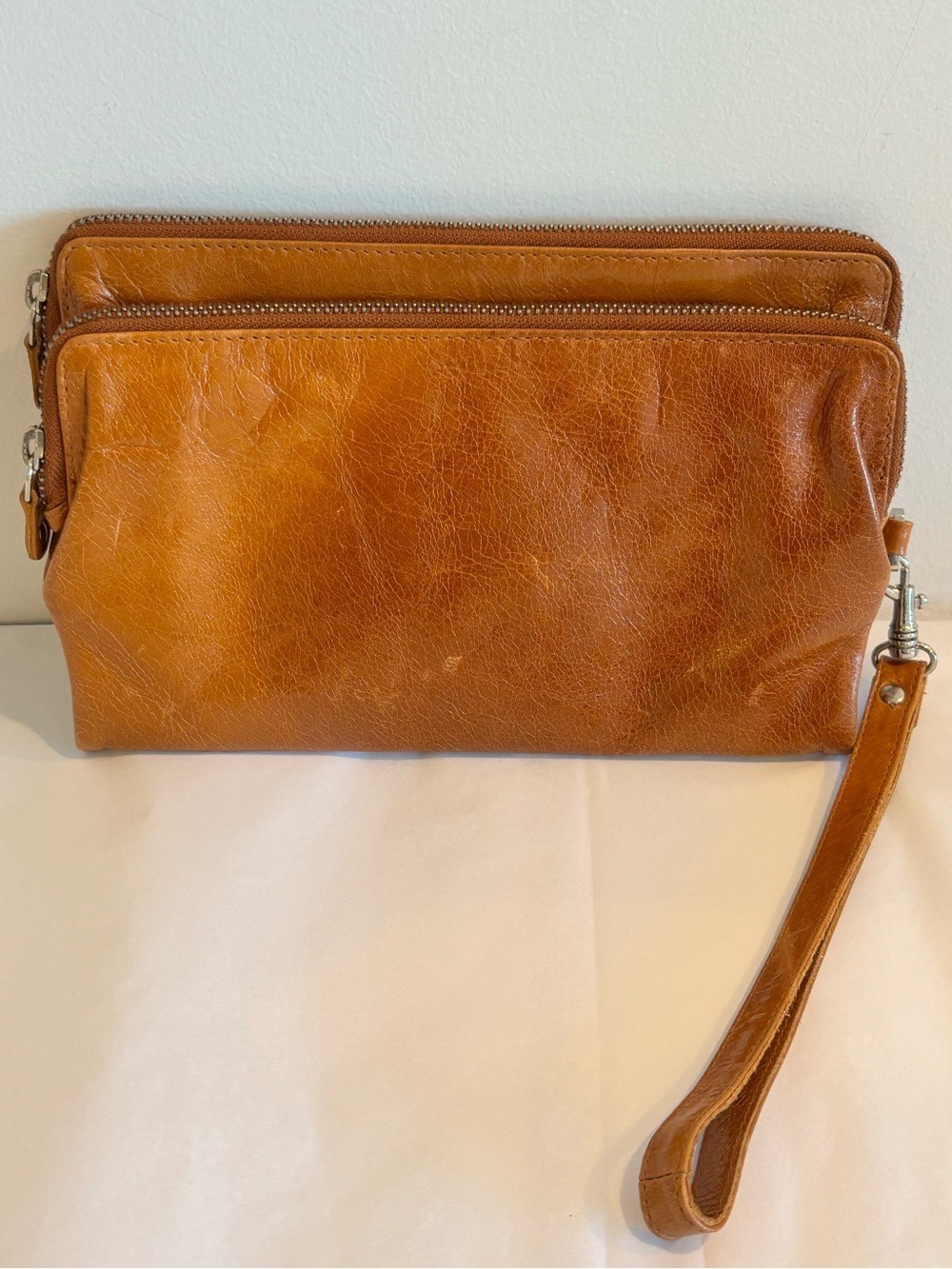 Cognac Leather Wristlet Clutch purse large wallet multi compartment lined